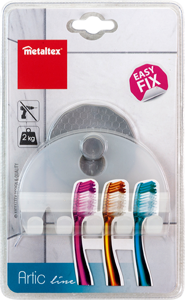 Fogkefe csomag. Rózsaszín, narancssárga és kék fogkefék. Easy Fix matrica. Metaltex márka logóval.