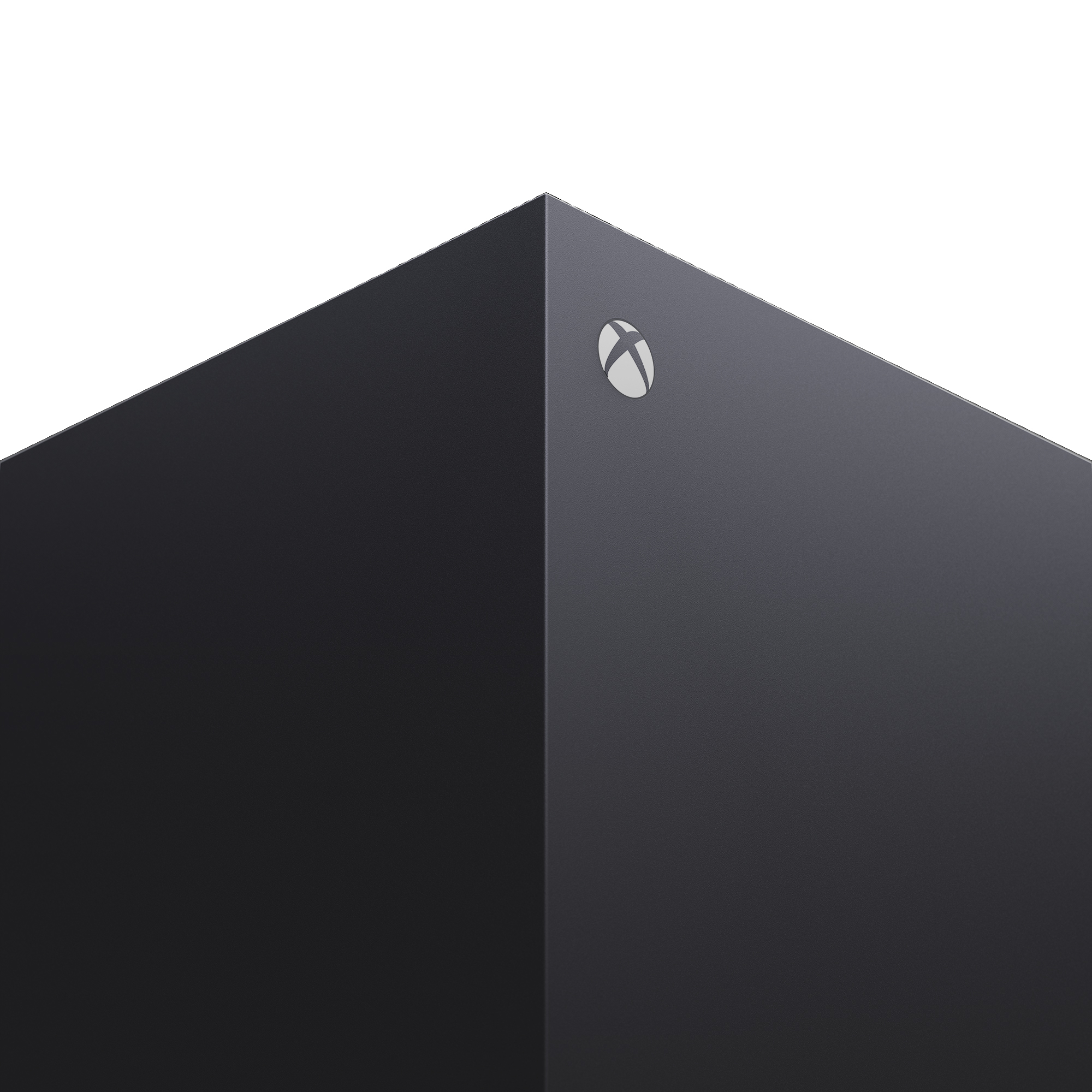 Beyaz bir arka plan üzerinde Xbox logosu bulunan siyah bir oyun konsolunun üst köşesi.
