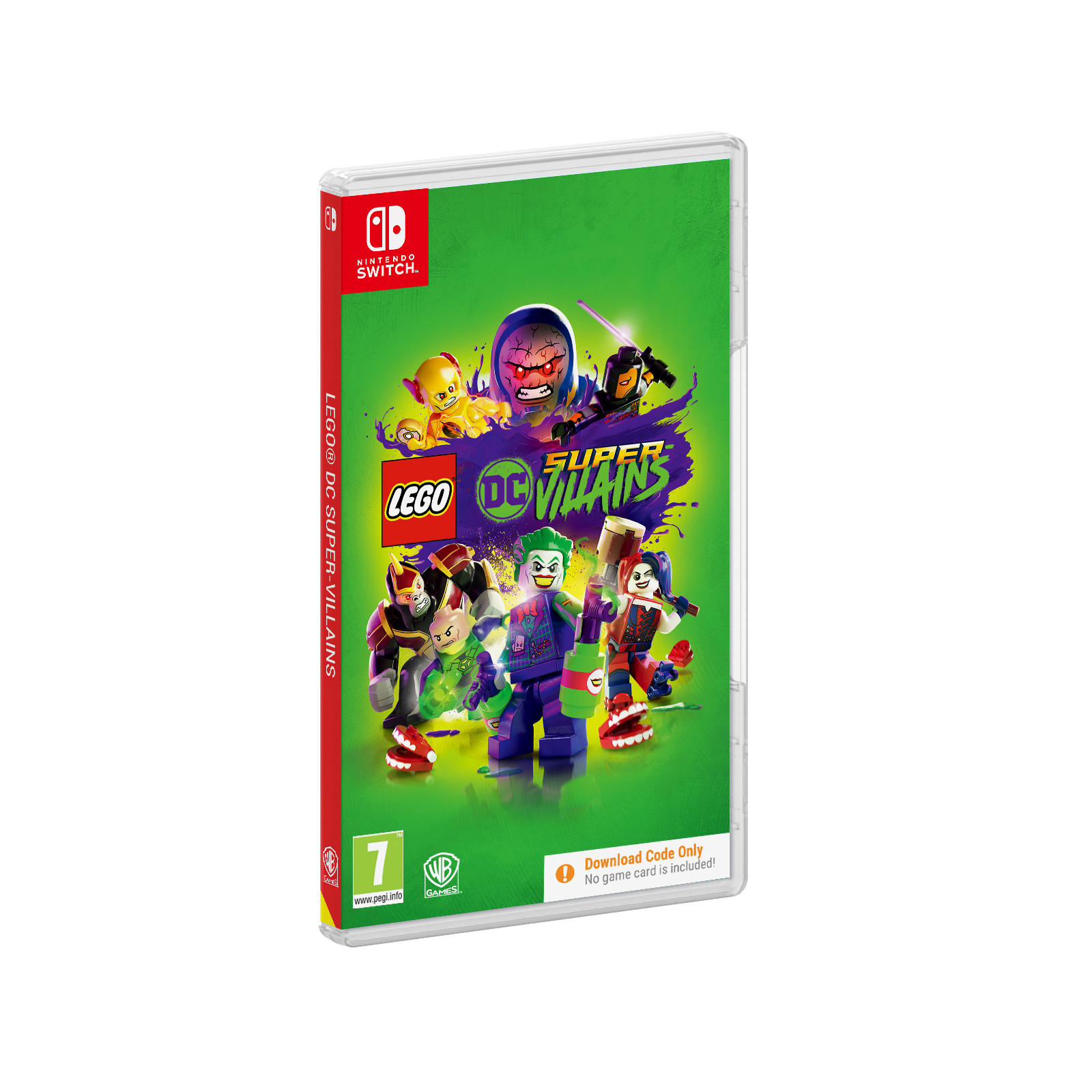 Lego DC Super-Villains kapak resmiyle Nintendo Switch oyun kutusu. Yeşil zemin, Lego figürleri.