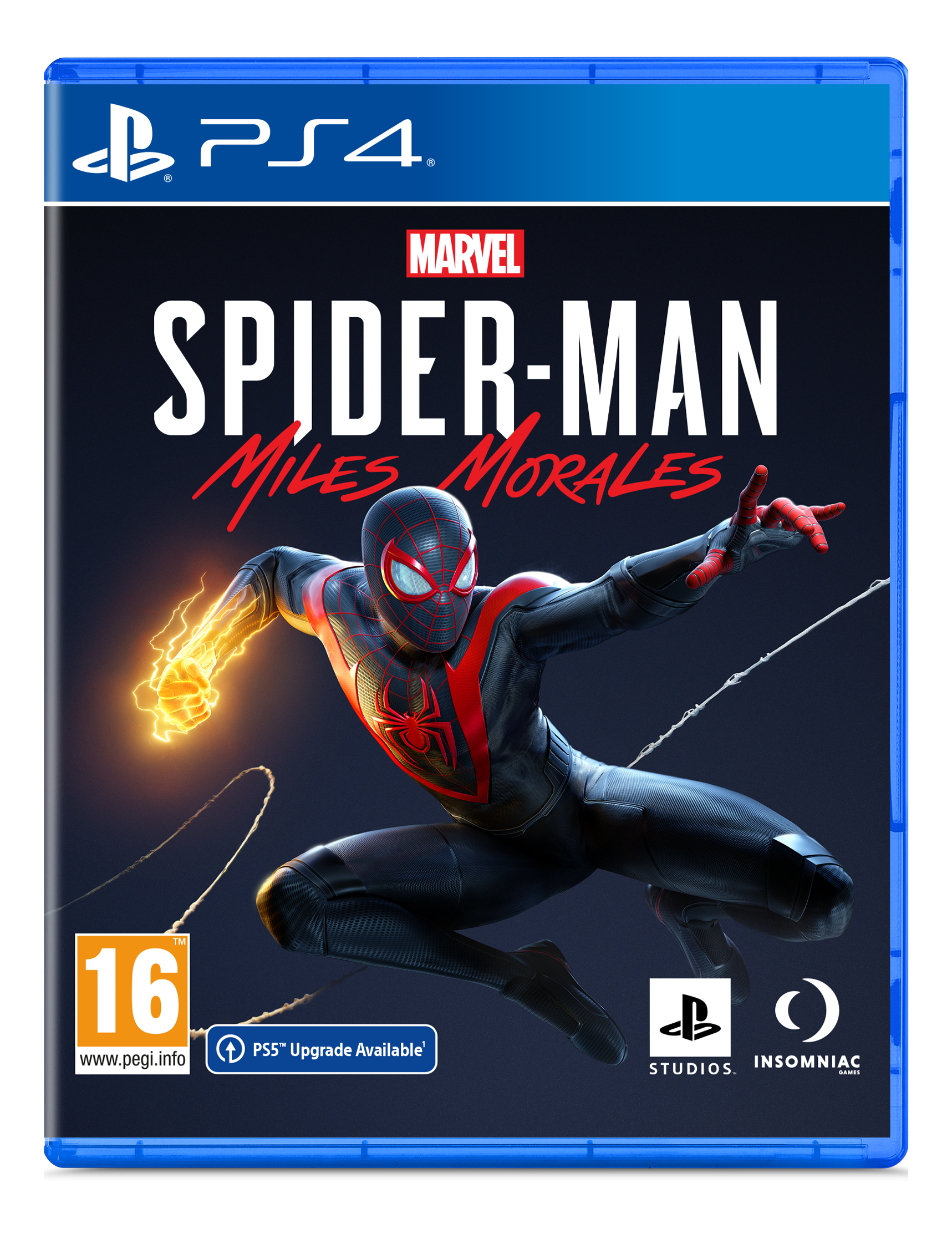 Videospiel-Cover: Marvel's Spider-Man: Miles Morales. Spiderman in Aktion. Blauer Hintergrund.