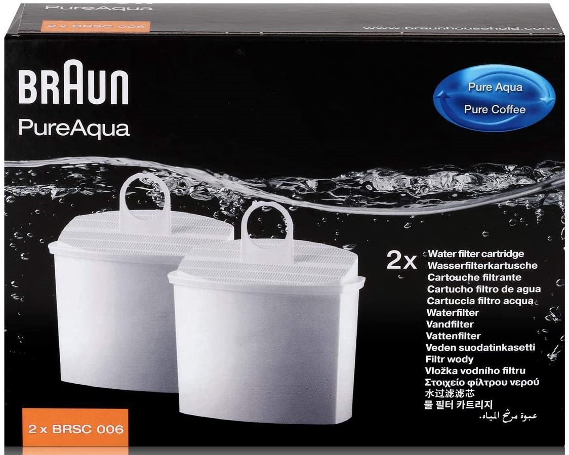 Schachtel mit Braun PureAqua Filtern. Zwei weiße Filter vorne, schwarzer Text und Logo auf der Schachtel.