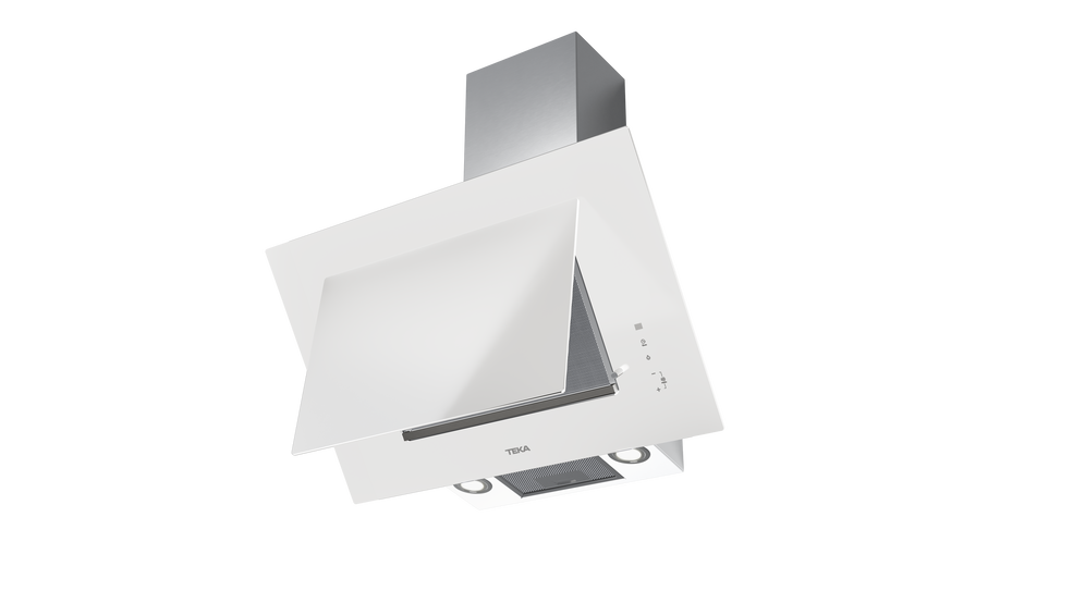 Una campana extractora Teka blanca, con frontal de cristal y controles, aislada sobre fondo negro.