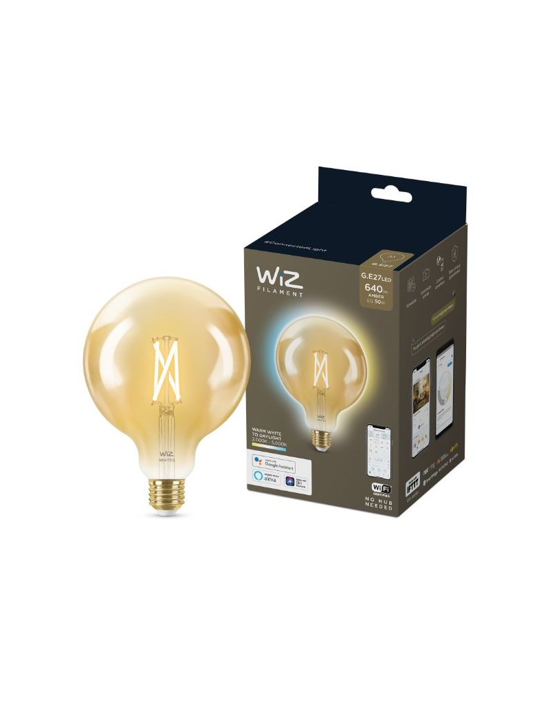 Bombilla inteligente - Philips WiZ Filamento Vintage Regulable Blancos Globo G120 50W E27, WiFi, LED