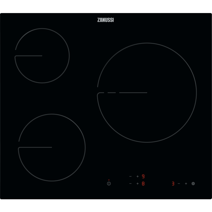 Placa de inducción Zanussi negra con tres zonas de cocción y botones de control.