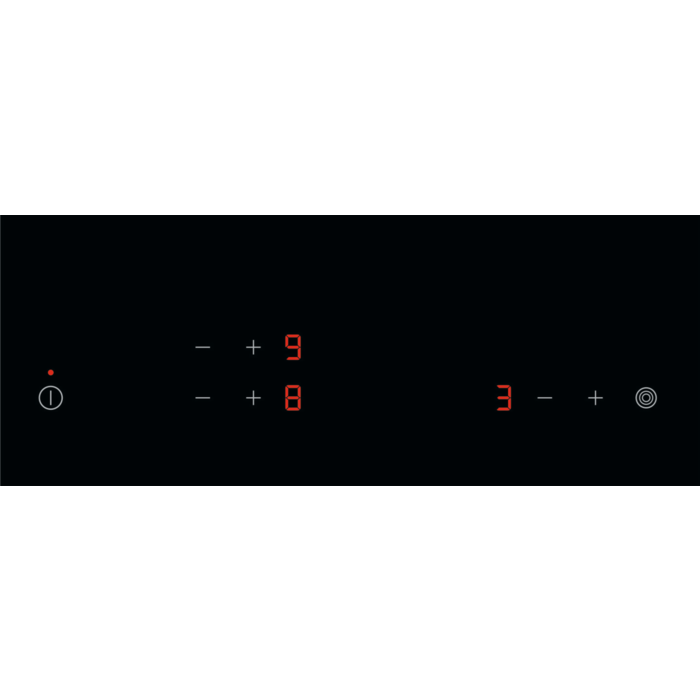 Panel de control de placa de inducción negra con dígitos y símbolos iluminados en rojo.