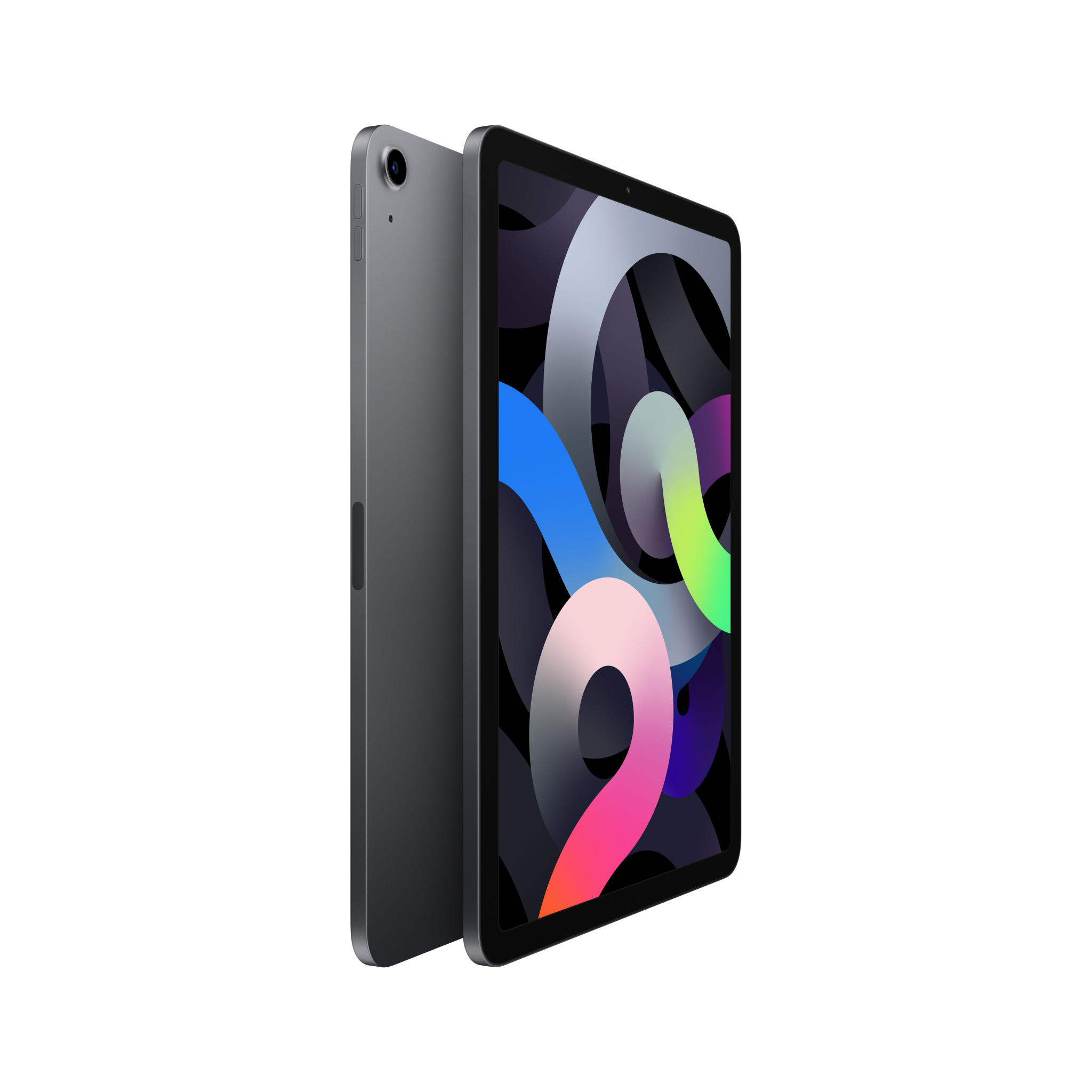 Gri bir iPad Air, ekranında renkli bir grafik gösteriyor, iki farklı açıdan gösteriliyor.