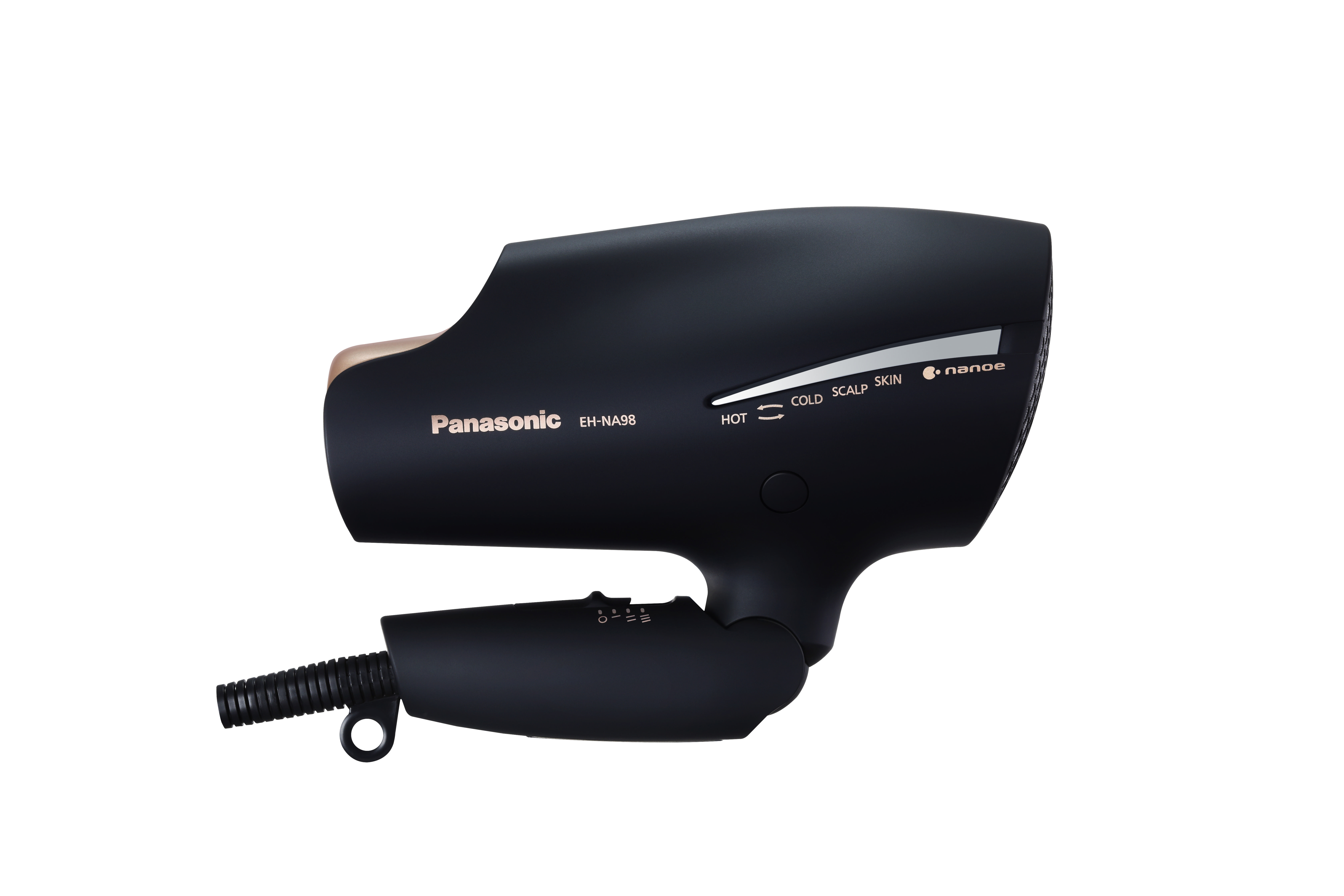 Ein schwarzer Panasonic Haartrockner mit goldenem Akzent und Netzkabel.