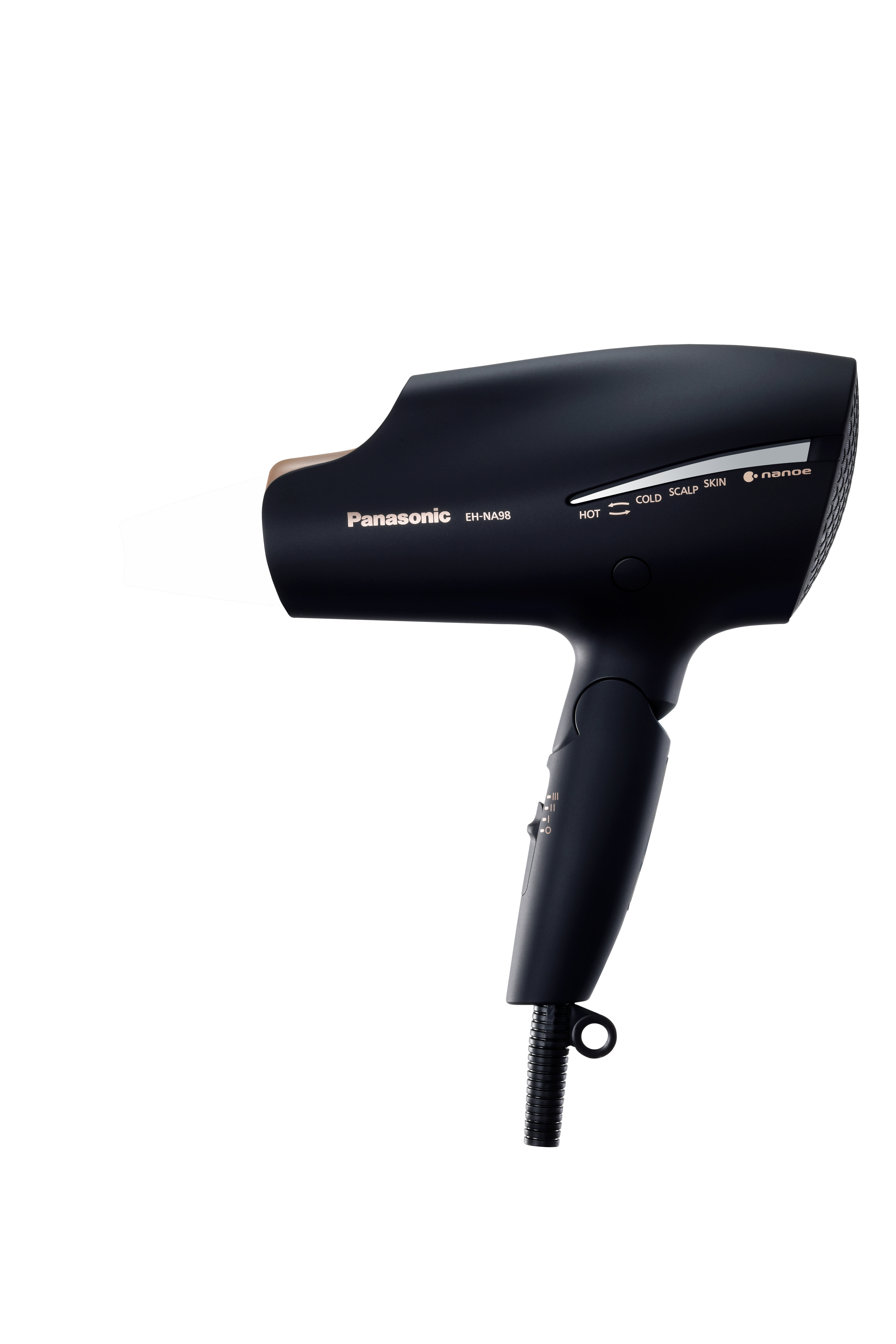 Schwarzer Panasonic-Haartrockner auf weißem Hintergrund, mit Branding und Einstellungen sichtbar.