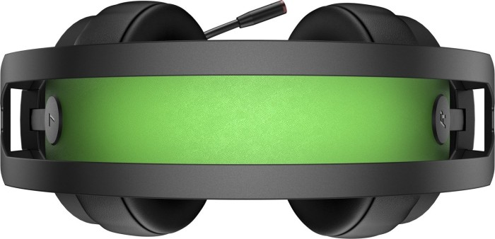 Draufsicht auf ein schwarzes Gaming-Headset mit grünem Innenkissen und schwarzem Bügel.