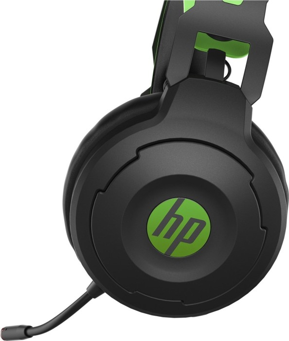 Schwarzes und grünes HP Gaming-Headset mit Mikrofon, Logo sichtbar.