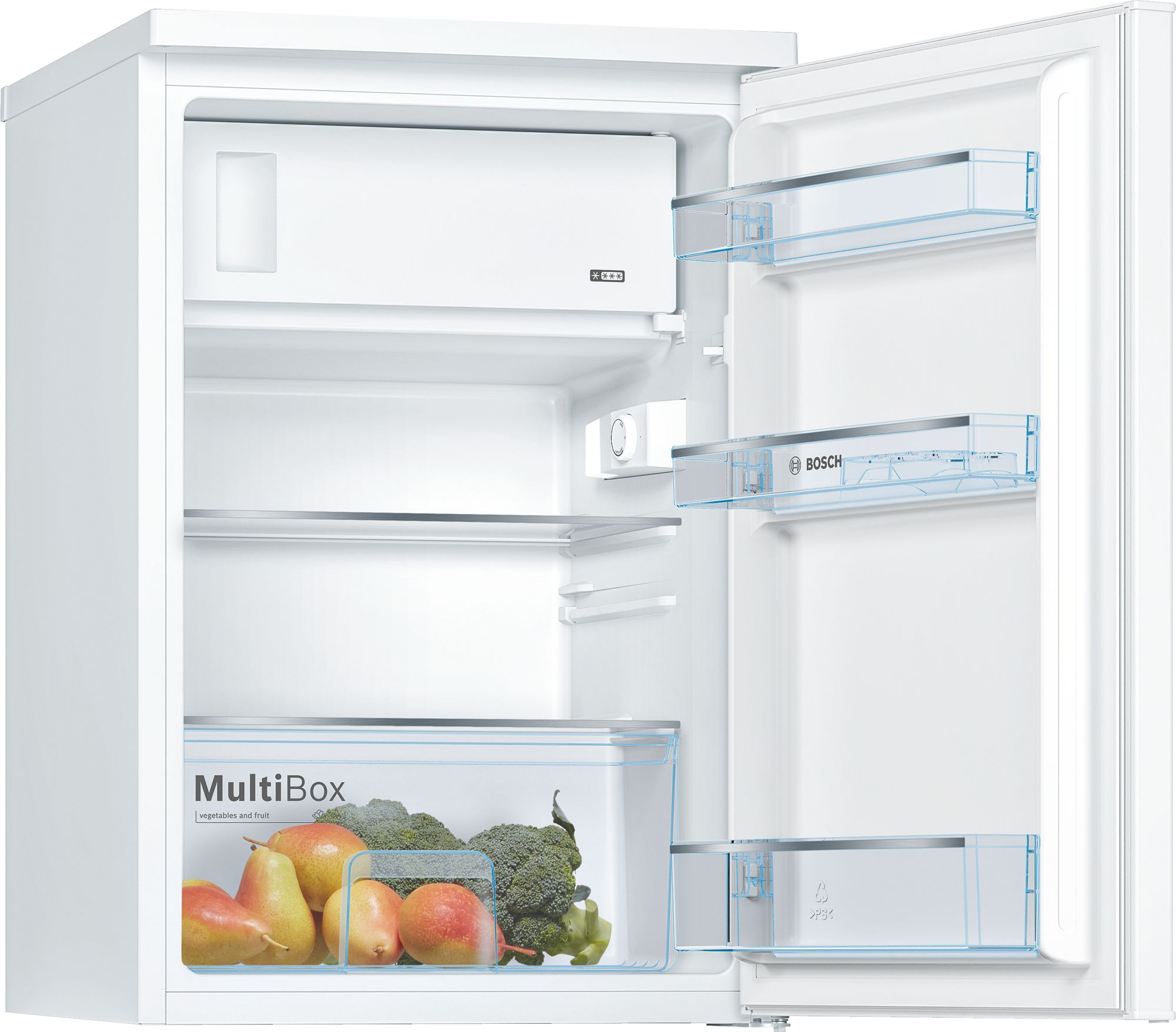 Ein weißer Kühlschrank mit offener Tür, zeigt Regale und Früchte.