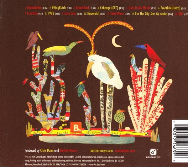 Rückseite einer CD mit farbenfroher abstrakter Kunst und Text, einschließlich Songtiteln.