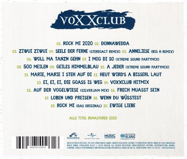 Rückseite des VOXXCLUB-Albums. Enthält Songtitel und einen Barcode.