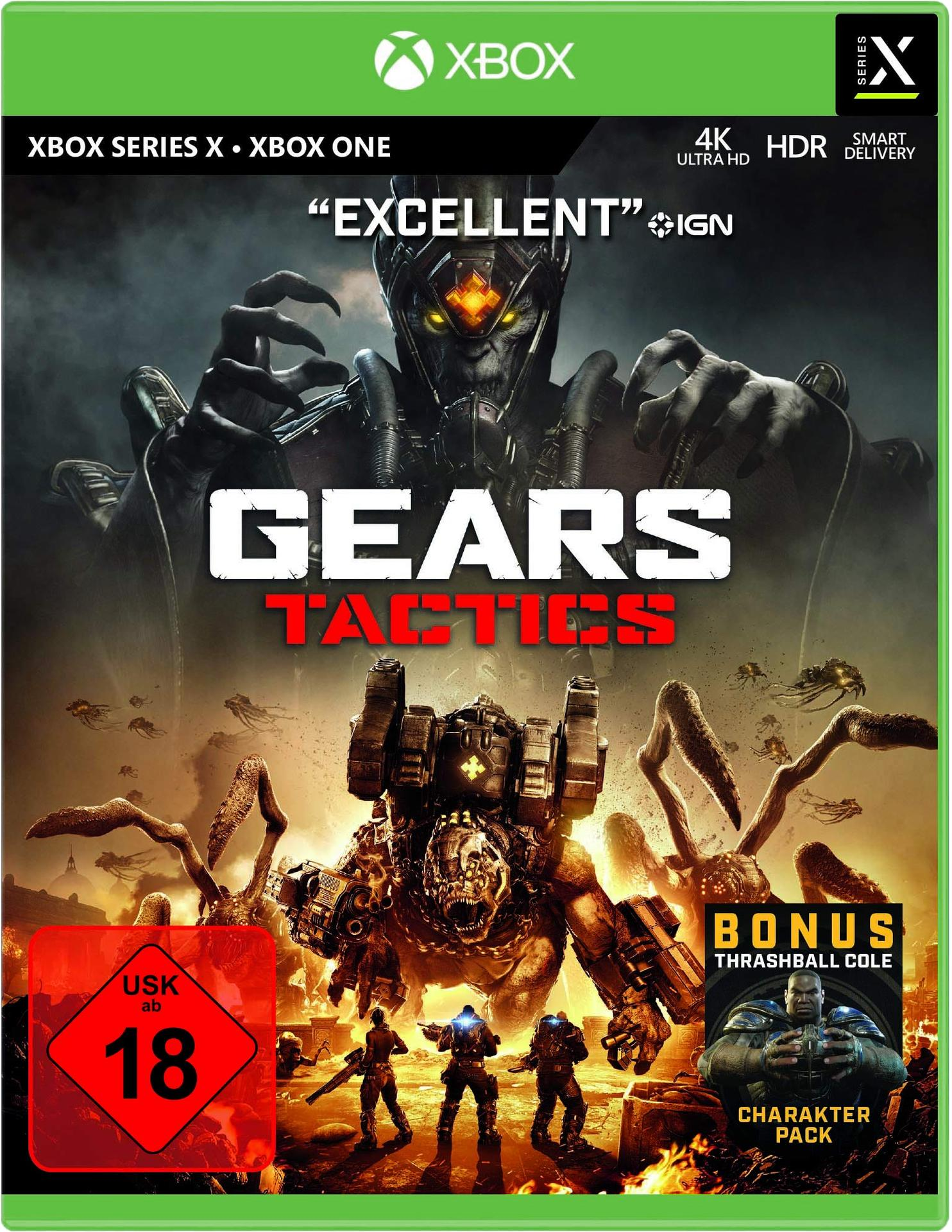 Xbox-Spielbox für Gears Tactics, mit futuristischer Szene.