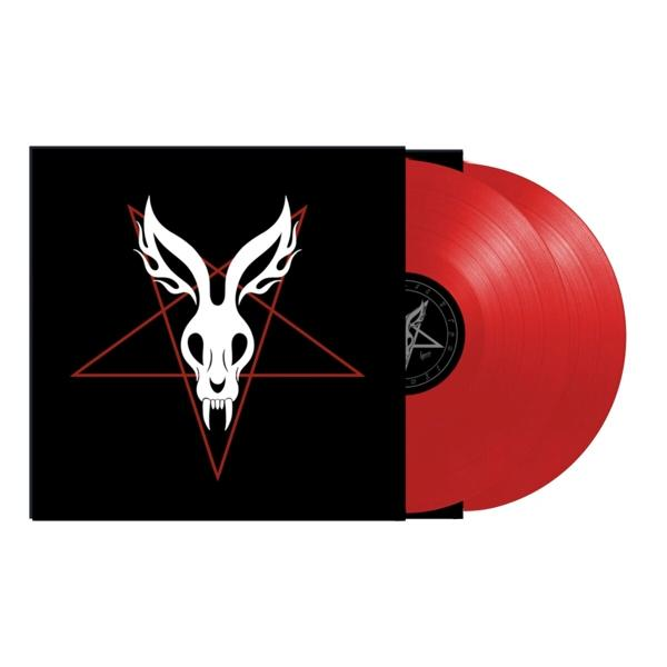 Disque vinyle noir dans une pochette avec un lapin crâne et un pentagramme. Disque rouge visible.