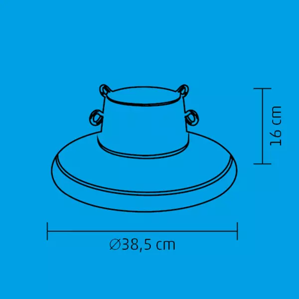 Kék diagram egy karácsonyfa tartóról, méretekkel centiméterben.