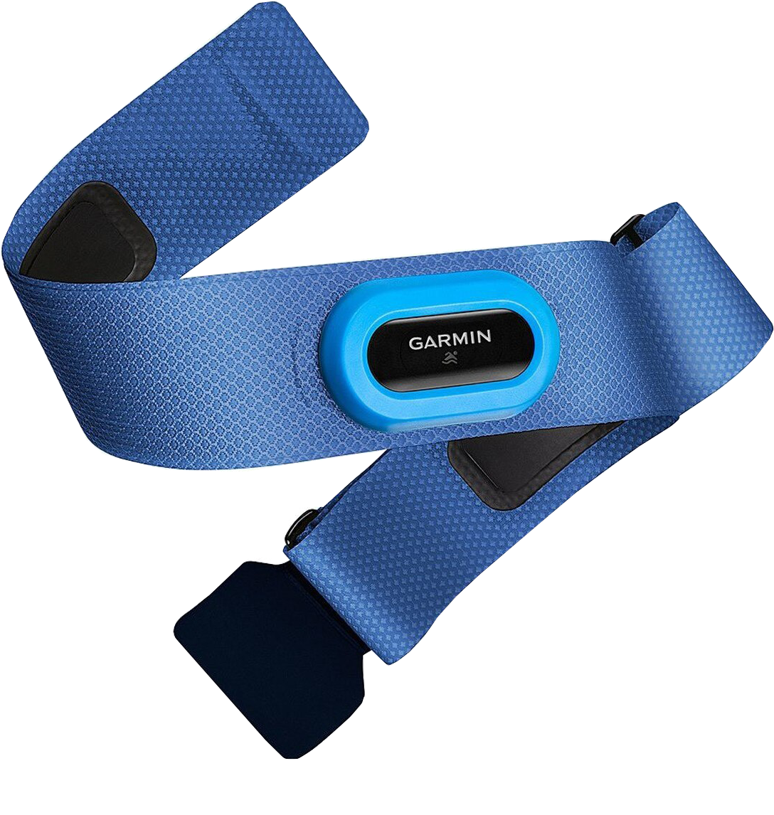 Kék Garmin pulzusmérő fekete középponttal. A szíj texturált és körbeér. Fekete csatlakozók láthatók.