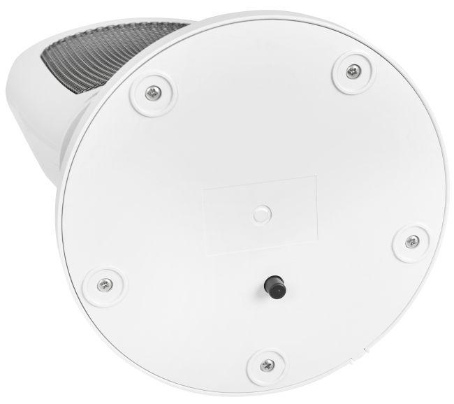 Weißer elektrischer Heizsockel, Unteransicht. Er hat einen schwarzen Ein-/Ausschalter und Schraubenlöcher.