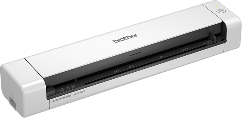 Scanner Brother DS-740D bianco con apertura nera per l'inserimento della carta.
