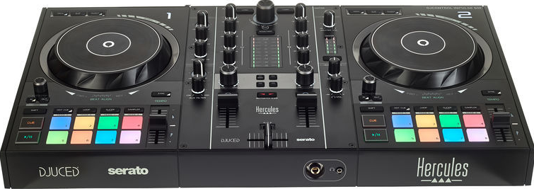 Schwarzer DJ-Controller mit zwei Plattenspielern, Knöpfen und einem zentralen Mischbereich.