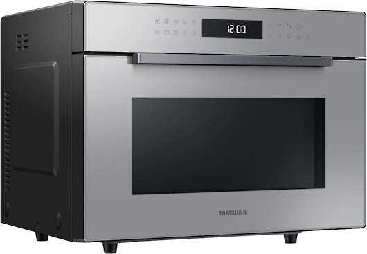 A silver and black microwave oven with a digital display, the brand SAMSUNG is at the bottom.