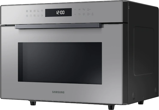 Stainless steel built-in microwave oven with a black frame, digital display.