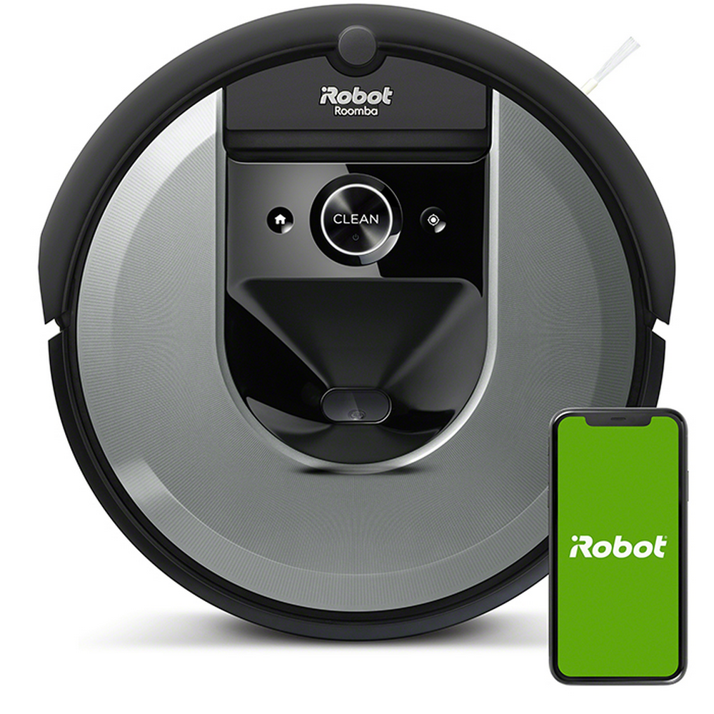 Una aspiradora robot Roomba y un teléfono inteligente verde con el logotipo de Robot.