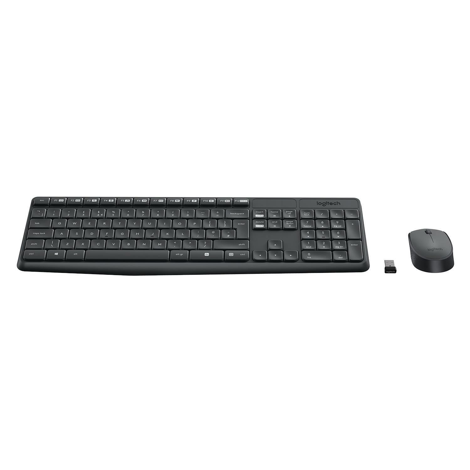Eine schwarze kabellose Tastatur und Maus auf weißem Hintergrund.