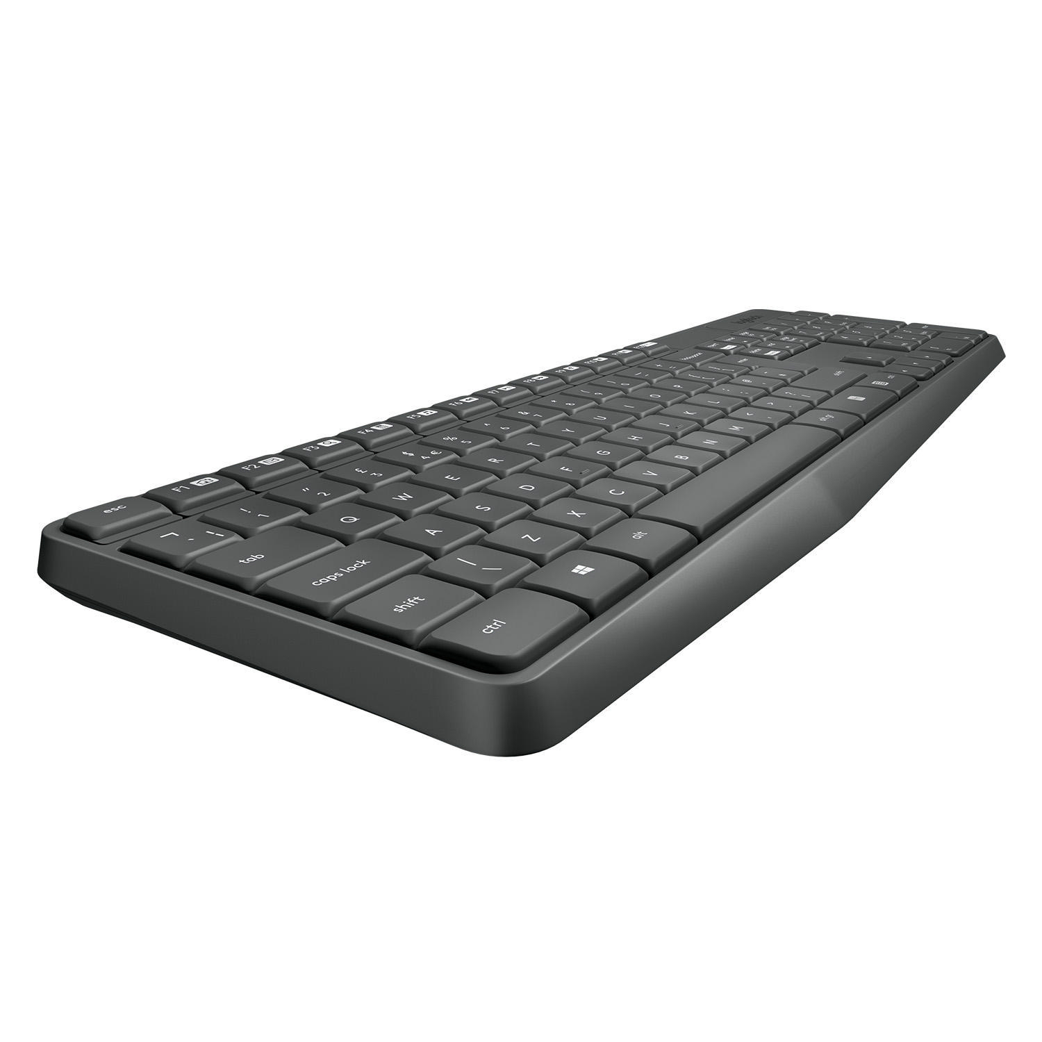 Eine schwarze Tastatur. Die Tasten sind mit Buchstaben, Zahlen und Symbolen beschriftet. Leichte Krümmung unten.