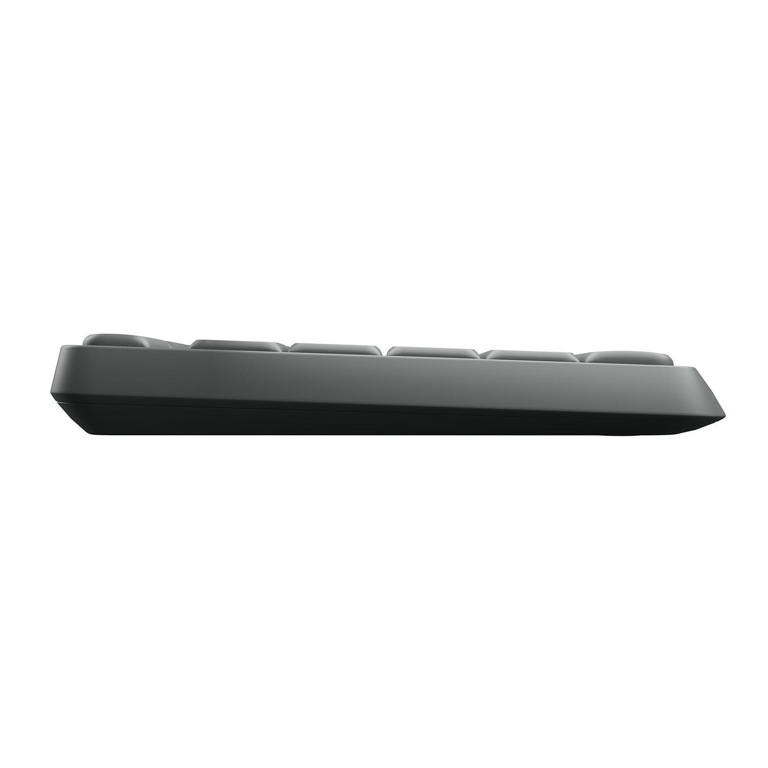 Seitenansicht einer schwarzen numerischen Tastatur mit weißem Hintergrund.