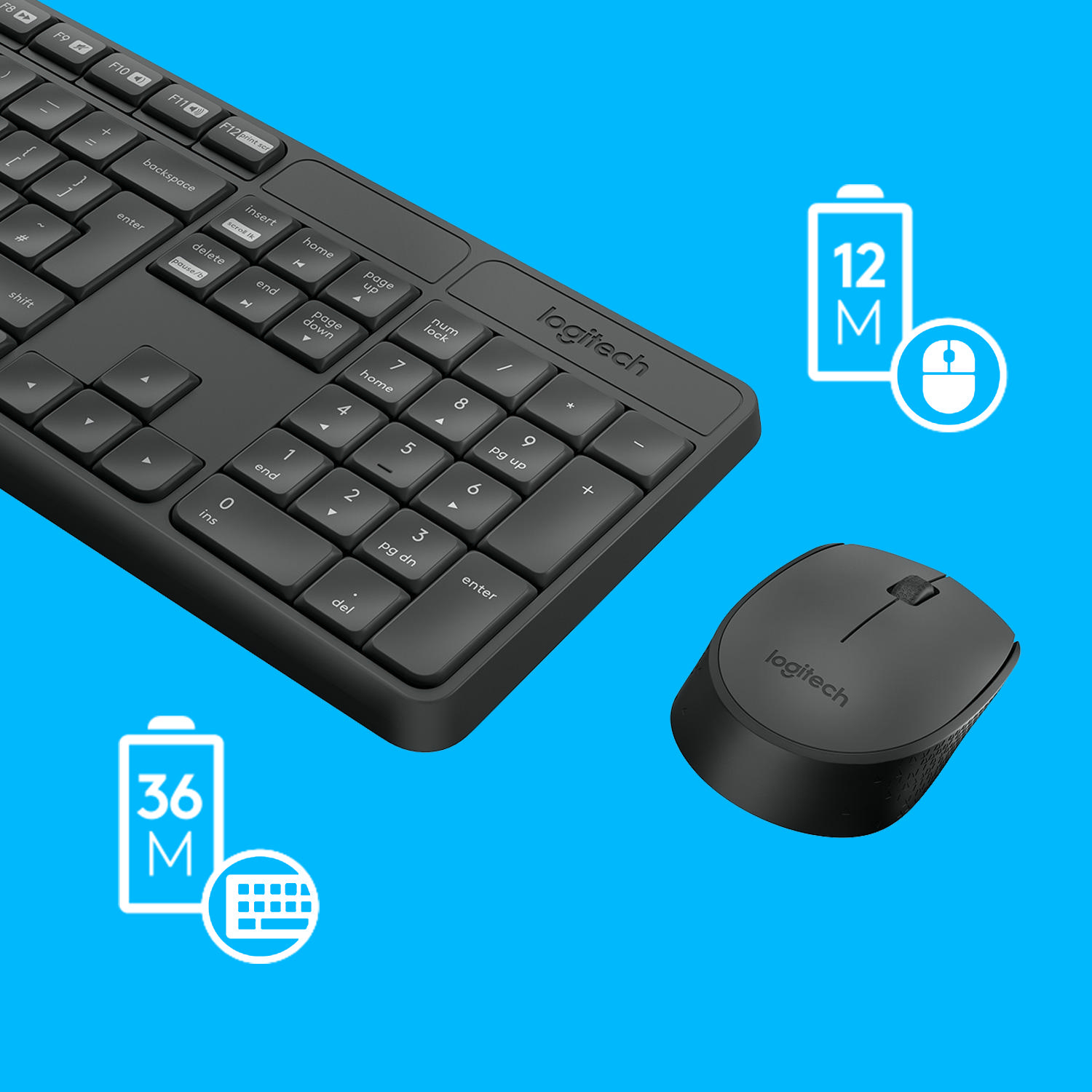 Schwarze Tastatur und Maus mit Akkulaufzeit-Symbolen.