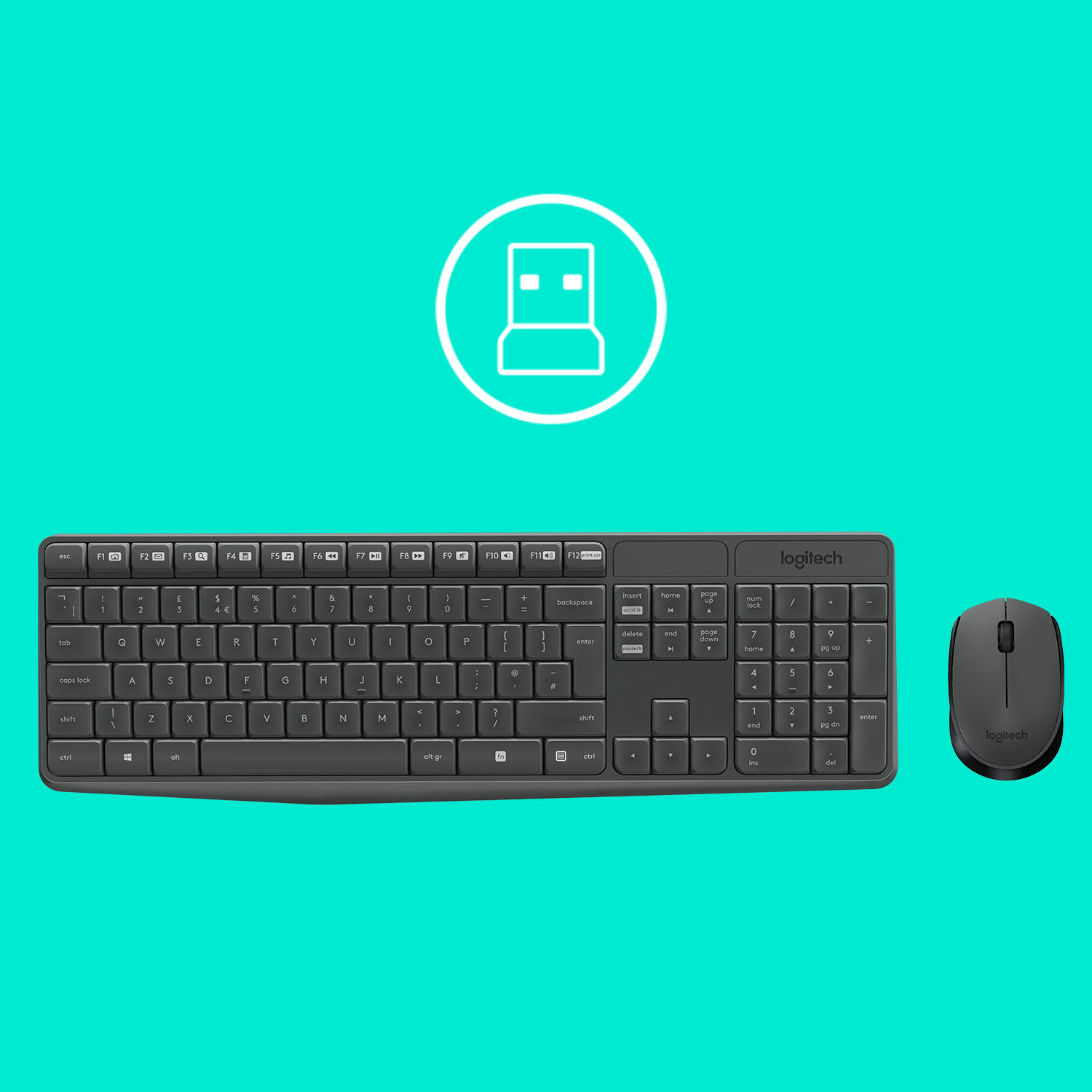 Eine graue Logitech-Tastatur und -Maus auf türkisfarbenem Hintergrund. Ein USB-Symbol in einem weißen Kreis.