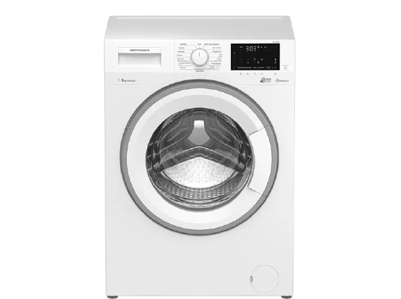 Weiße Waschmaschine. Frontlader-Design, Digitalanzeige und Bedienfeld. Schwarzer Hintergrund.