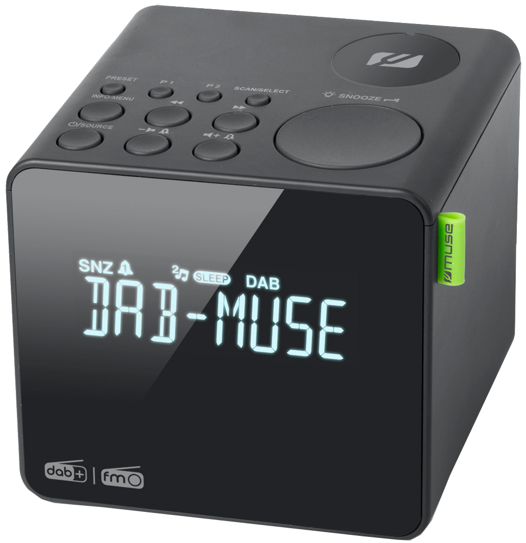 Zwarte DAB-MUSE-radio met tekstweergave. Knoppen en groene accenten.