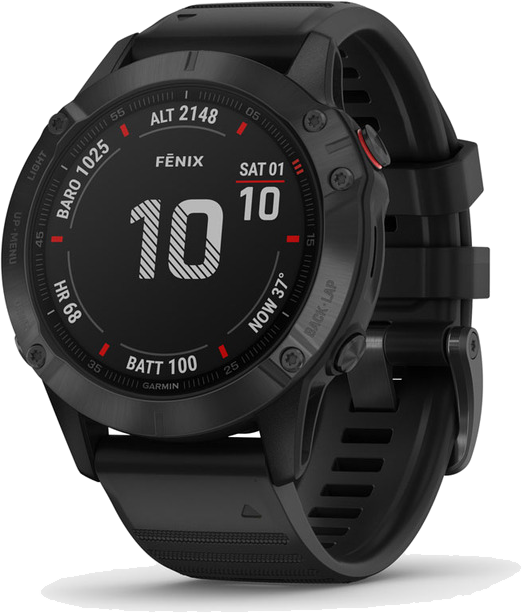 Fekete Garmin Fenix óra, 10:10-et mutat. Magasságot, akkumulátort és egyéb adatokat jelenít meg fekete képernyőn, fekete szíjjal.