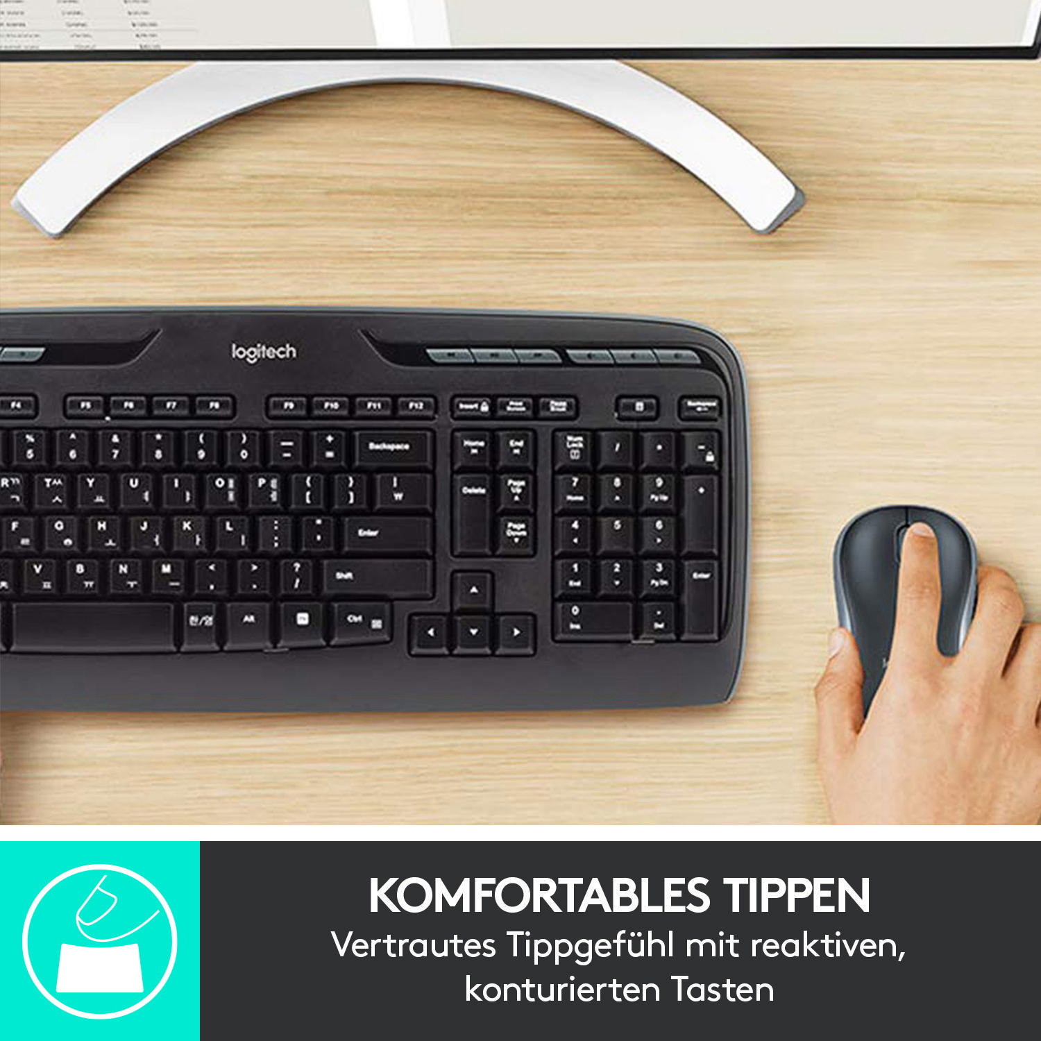 Schwarze Logitech-Tastatur und -Maus auf heller Holzoberfläche mit Text zum Tippen.