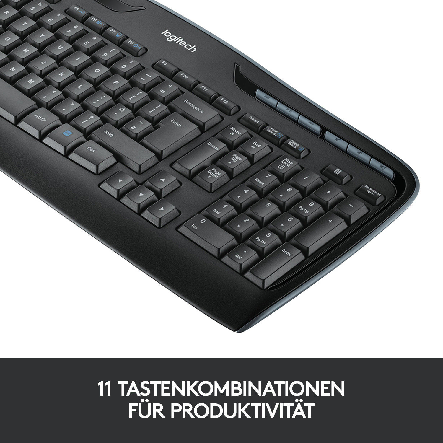 Schwarze Tastatur, Logitech, mit Tasten. Oben rechts Funktionstasten.