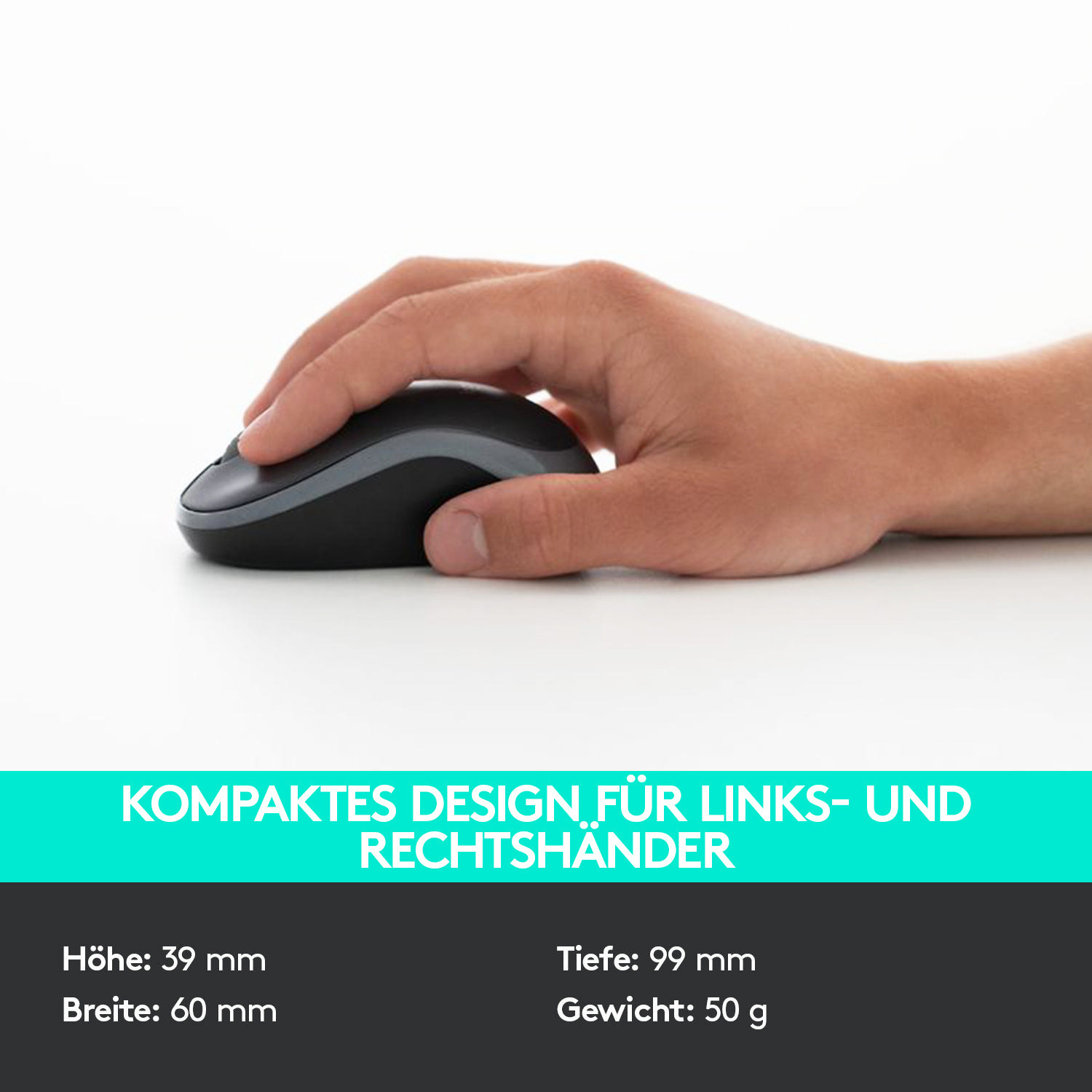 Hand benutzt eine schwarz-graue Maus auf weißem Untergrund. Text zeigt Abmessungen und Gewicht.