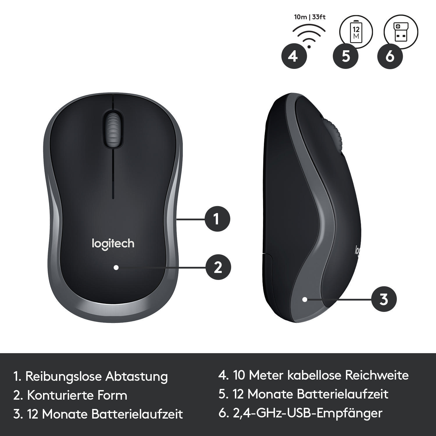 Eine schwarze Logitech-Maus mit Etiketten, darunter 1, 2, 3, 4, 5 und 6, die Funktionen anzeigen.