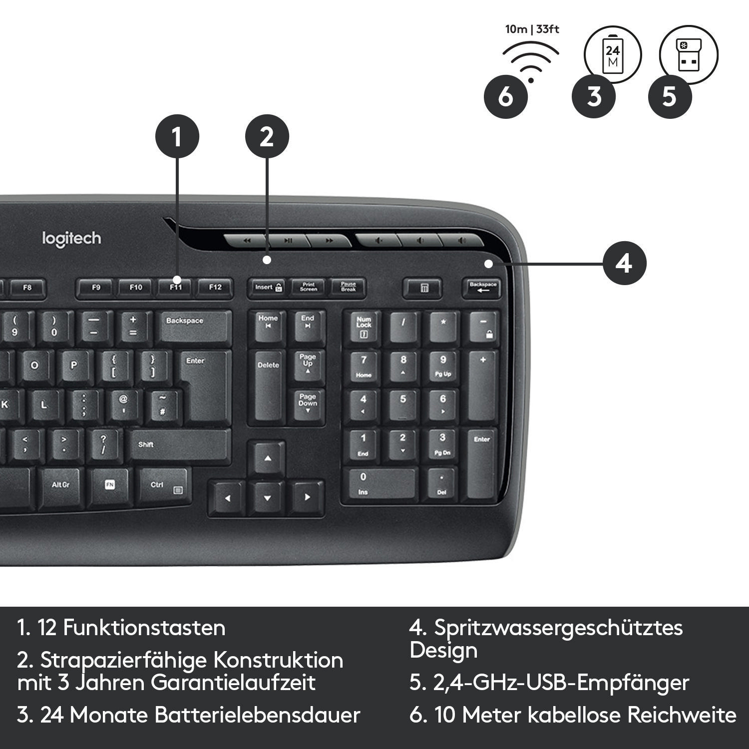 Schwarze kabellose Tastatur mit Funktionstasten und Multimediatasten.