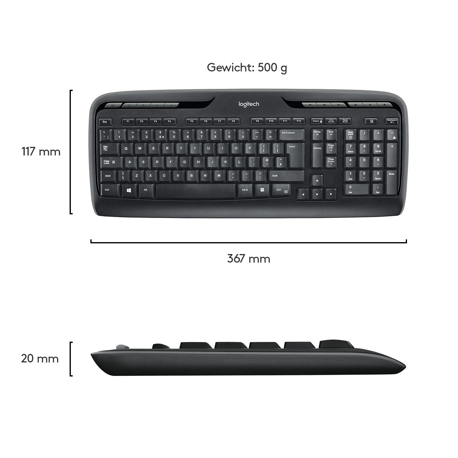 Schwarze Tastatur mit weißen Tasten. Abmessungen: 367 mm breit, 117 mm hoch und 20 mm dick. Gewicht: 500 g.