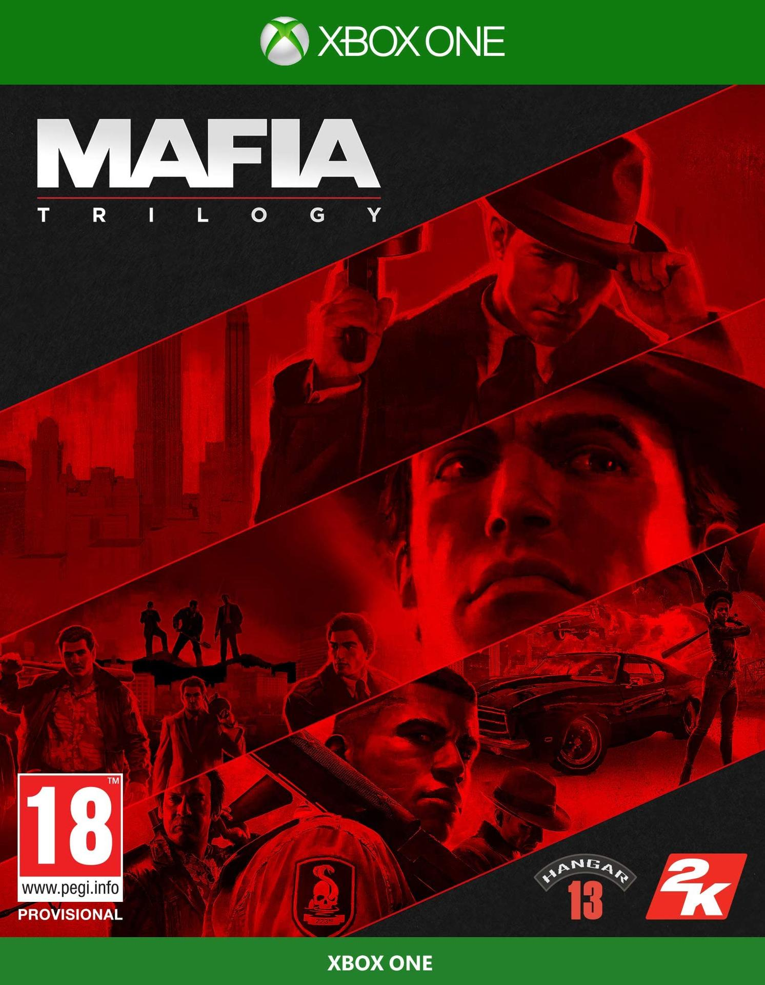 Xbox One játékborító a Mafia Trilogy-hoz, egy kalapos férfival és más karakterekkel.