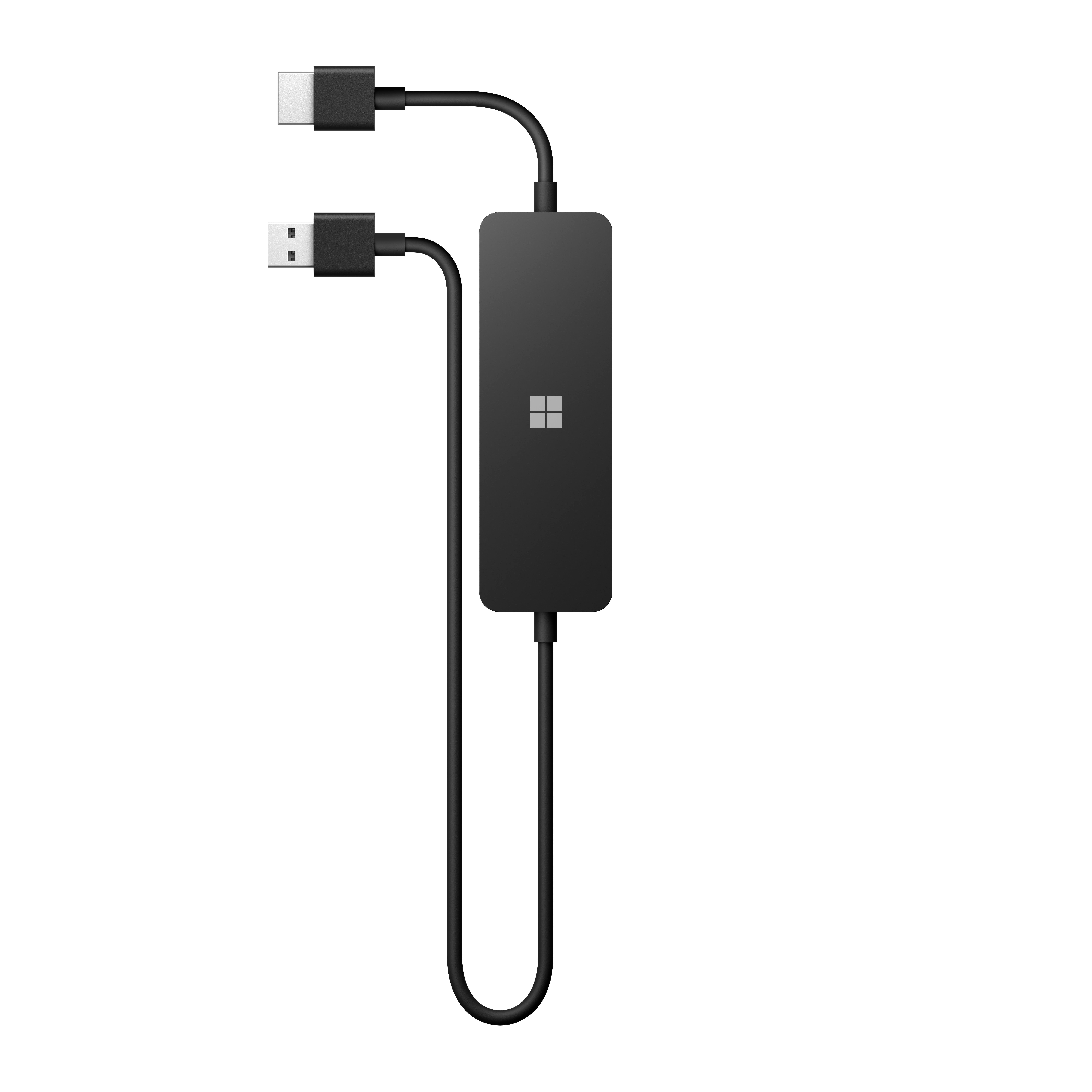 Schwarzes USB-Kabel. Ein Ende ist USB-A, das andere USB-C. Microsoft-Logo auf schwarzem Rechteck.