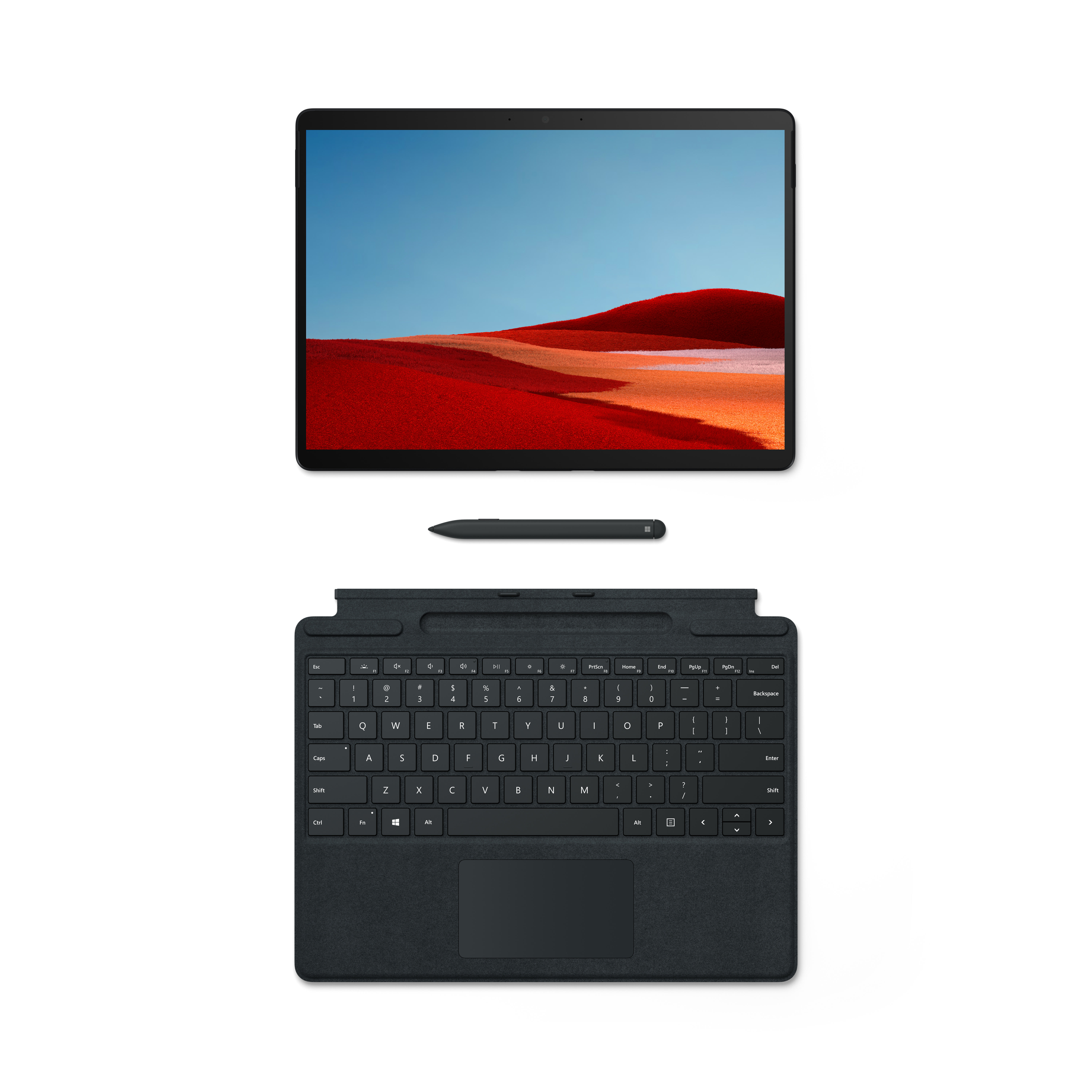 Tablet oben, Tastatur unten, mit Stift, alles auf weißem Hintergrund.