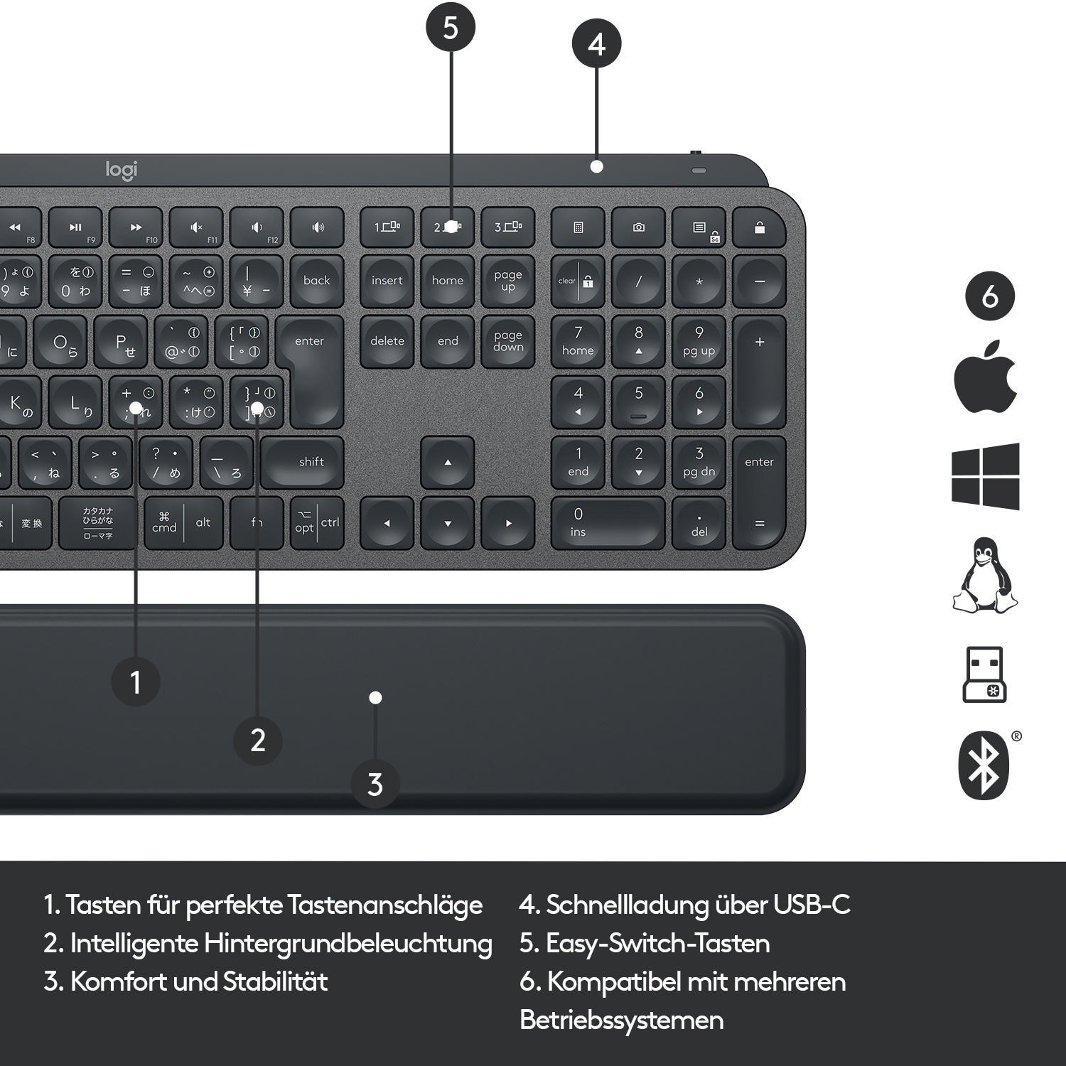 LOGITECH 920-009404 MX KEYS PLUS hintergrundbeleuchtete Bluetooth, Tastatur, Standard, Sonstiges, kabellos, Schwarz