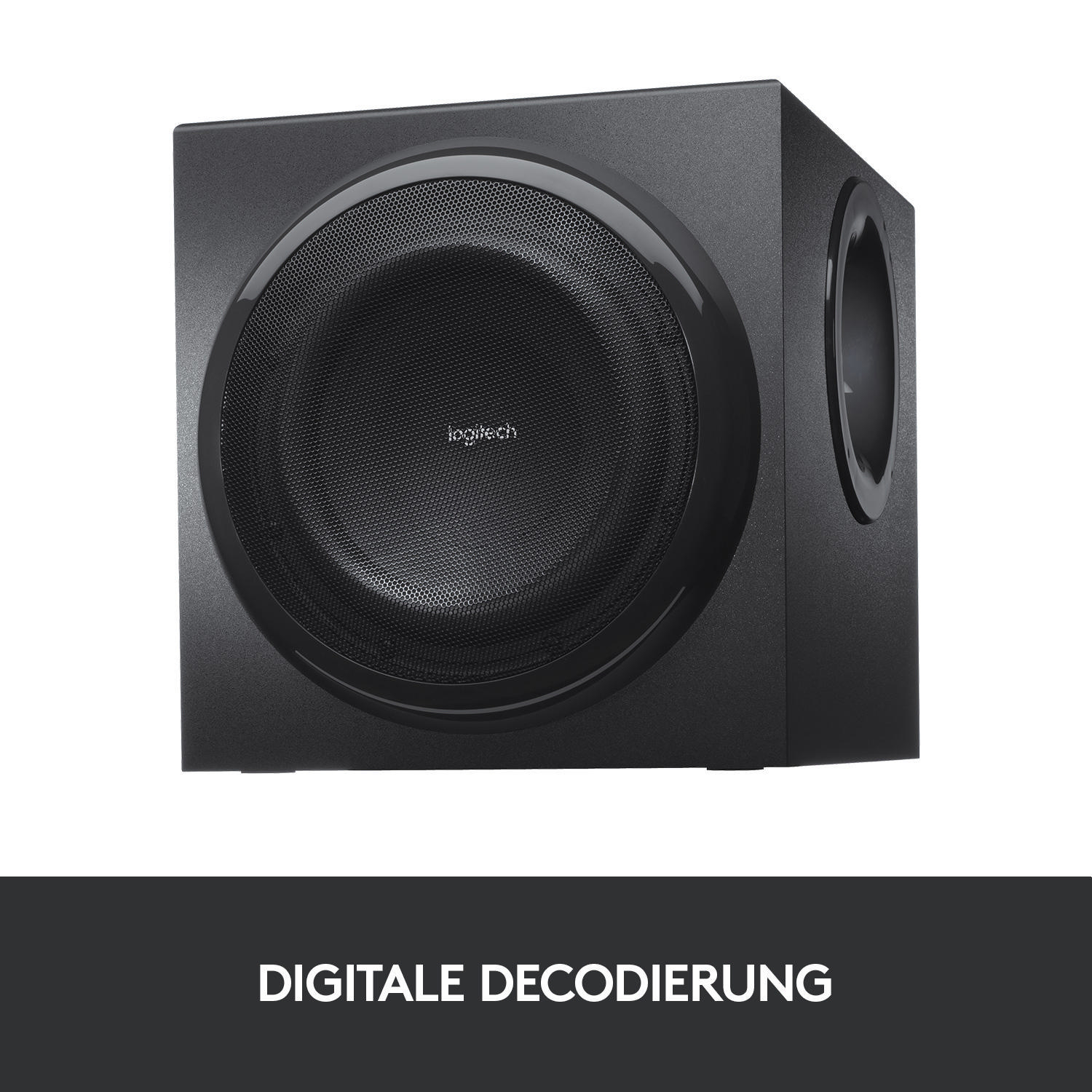 Ein schwarzer Logitech Subwoofer mit einem schwarzen Mesh-Gitter, mit dem Text 'DIGITALE DECODIERUNG' unten.