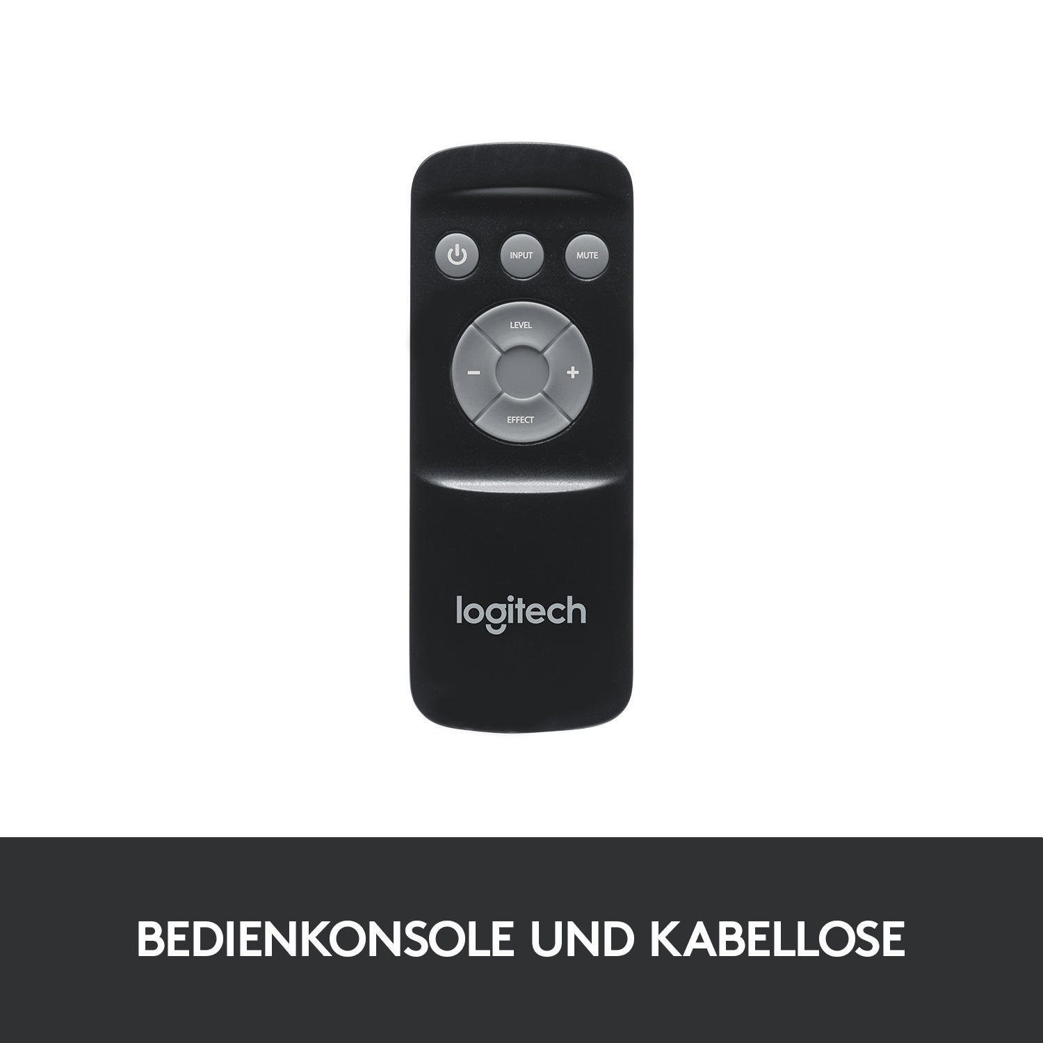 Schwarze Logitech-Fernbedienung mit den Tasten Input, Mute, Level und Effect auf weißem Hintergrund.