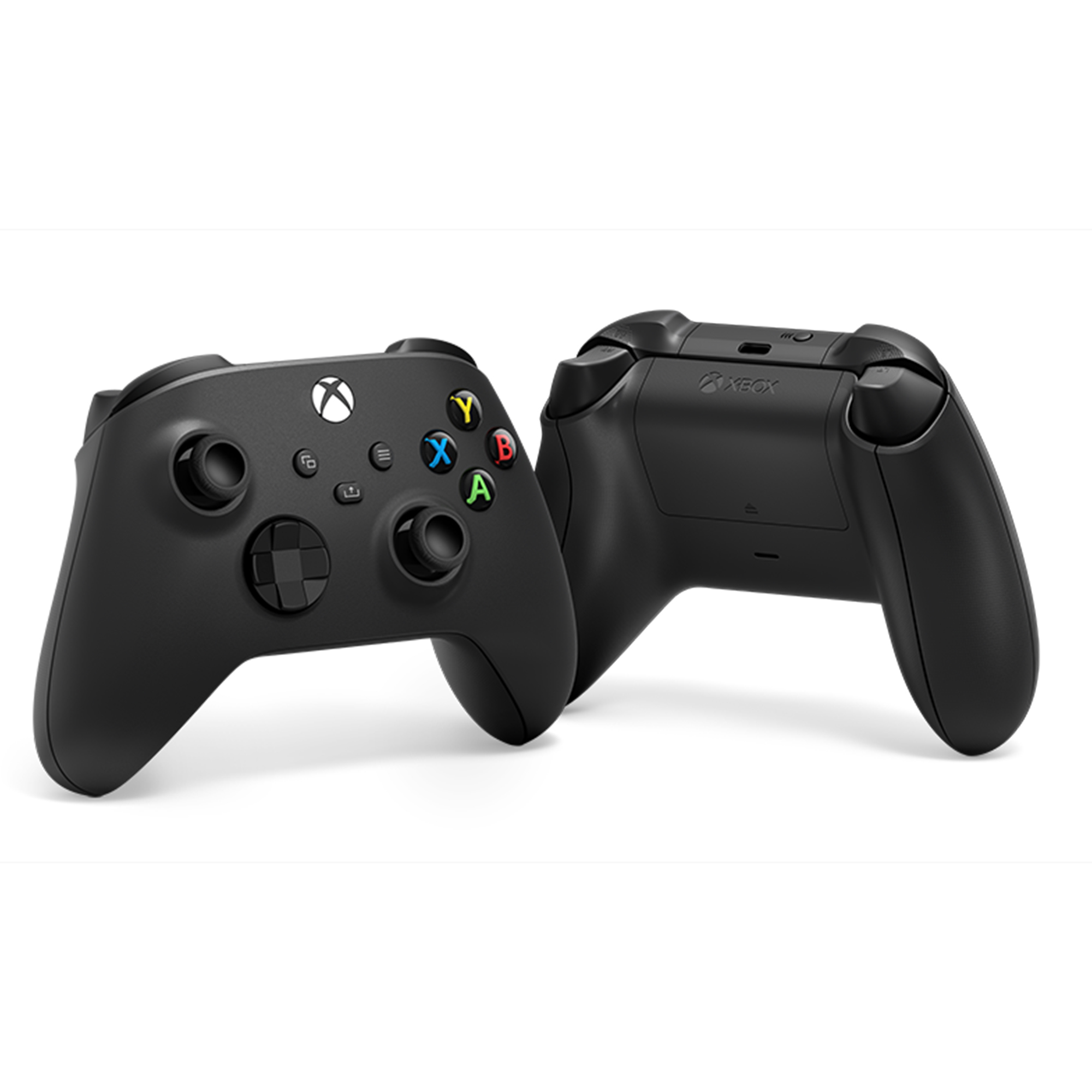 İki siyah Xbox kontrolcüsü, biri önü, diğeri arkası gösteriyor.