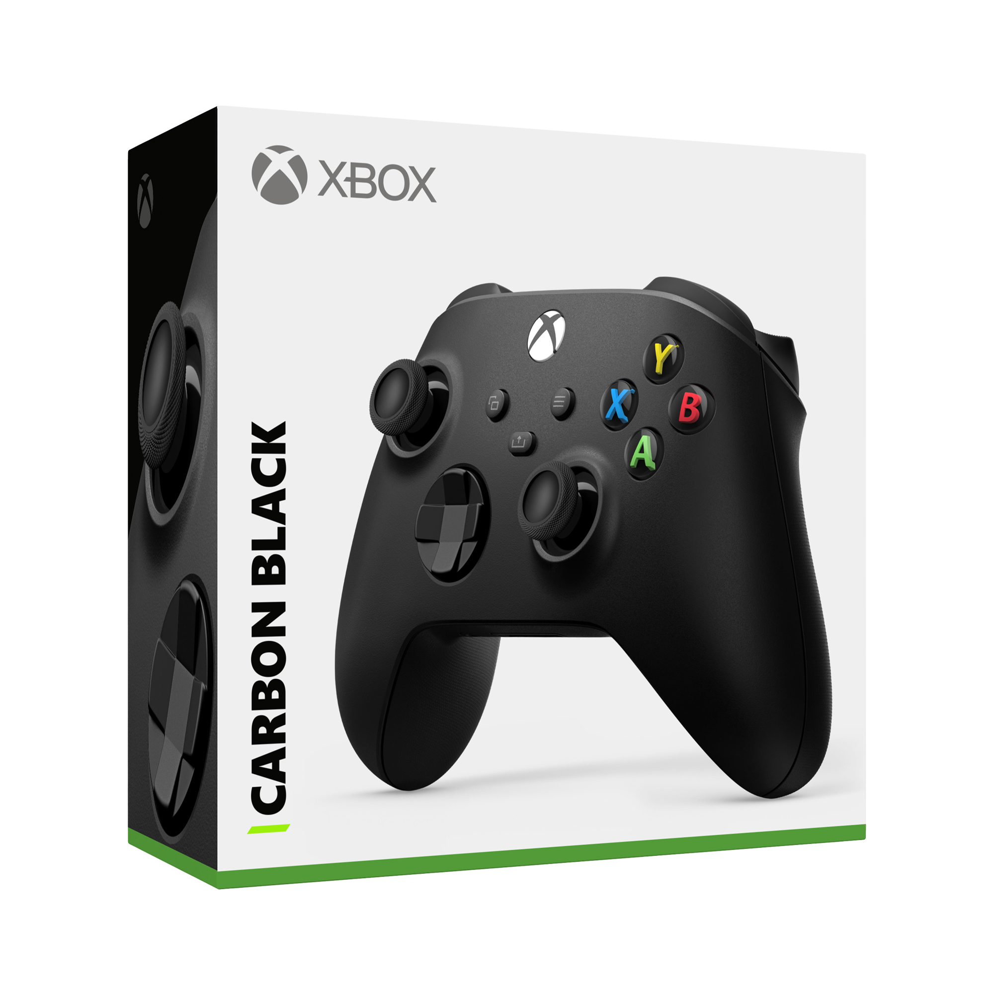 Düğmeleri olan siyah Xbox kontrolcüsü ve beyaz bir kutu.
