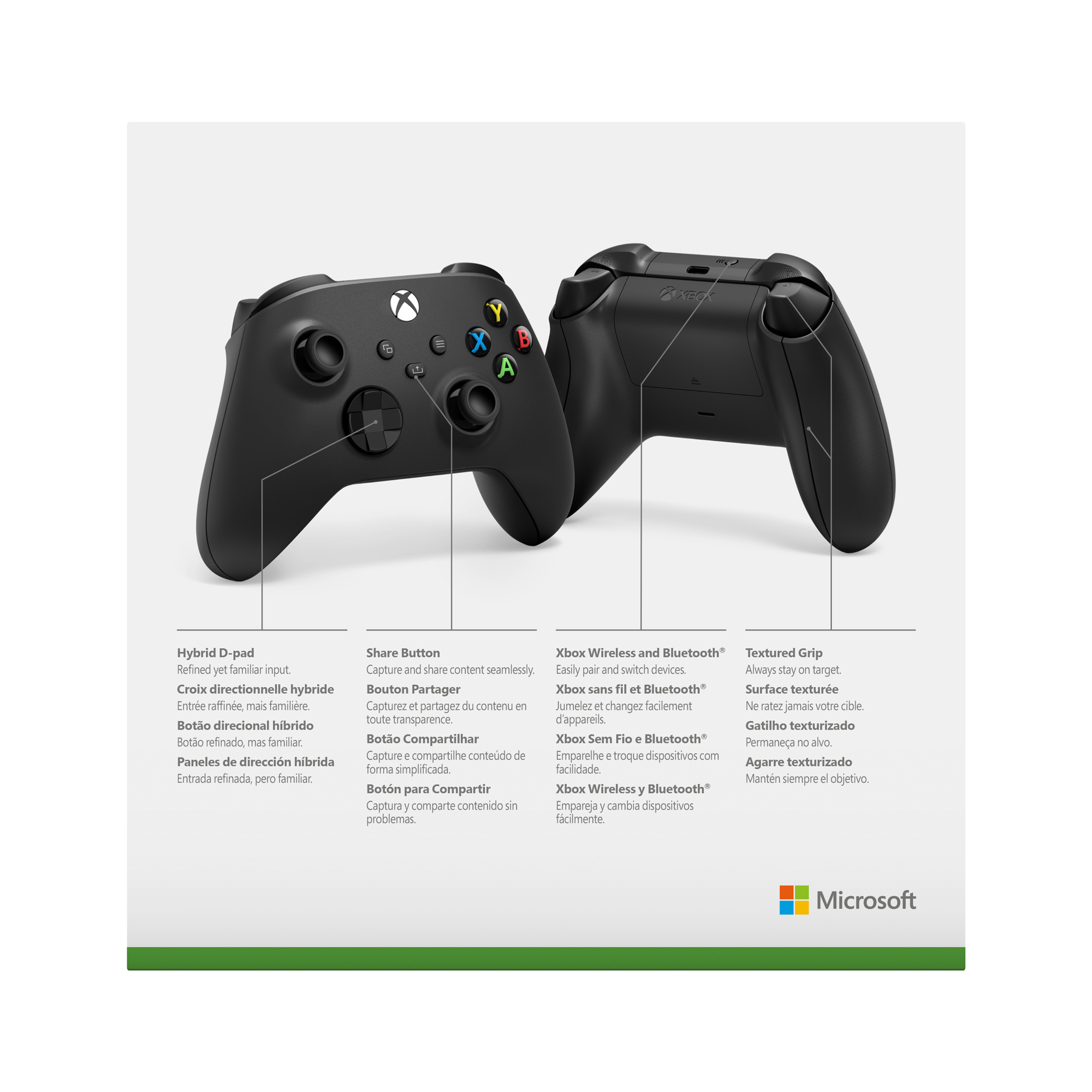 İki siyah Xbox denetleyicisi, metin etiketleri ve beyaz bir arka plan üzerinde Microsoft logosu.